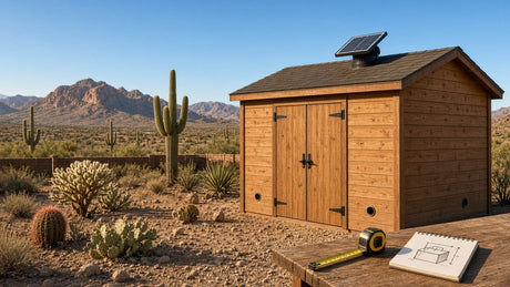 Wooden backyard shed in the Arizona desert with a small solar-powered roof vent fan near the ridge and intake vents low on the walls