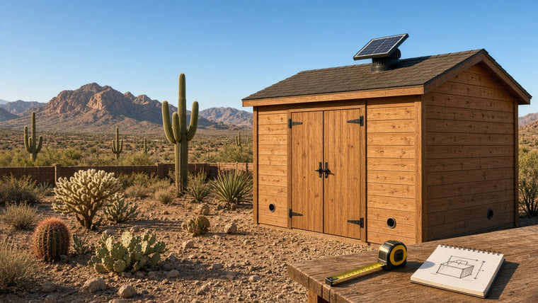Wooden backyard shed in the Arizona desert with a small solar-powered roof vent fan near the ridge and intake vents low on the walls