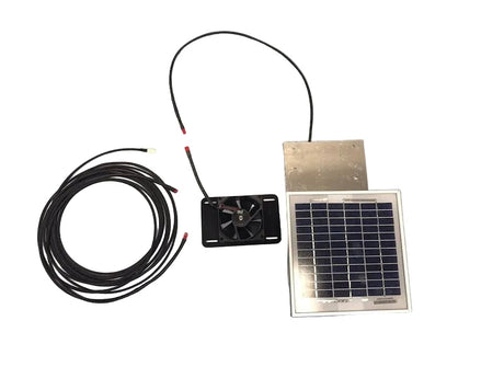 A 16' foot extension cable to switch is shown next to a Solar Metal RidgeBlaster with its cables disconnected so you can add the extension cable into it.