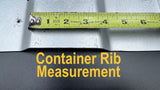 Measurement of a container's roof ribs with a Stanley tape measure, text 'Container Rib Measurement' displayed. This is showing what a 3.5" roof rib looks like and the part of the raised rib you should measure before buying.