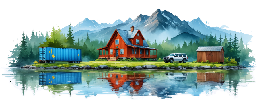 Cozy red house by a lake with mountains in the background and a blue shipping container, white SUV and brown shed. Transparent background.