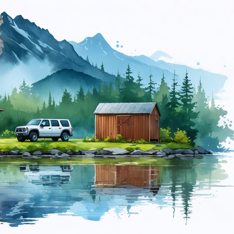 Watercolor painting of brown shed and white SUV next to a lake shore with mountains in the background.