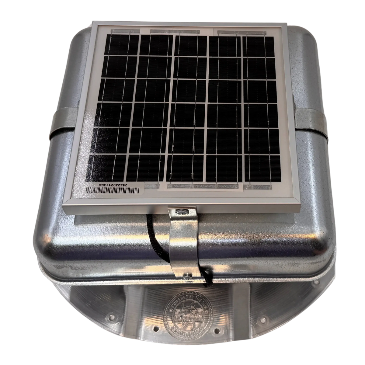 Solar ventilation fan, Solar Mega RoofBlaster for conex containers with 3.5" ribs, front view, galvanized finish, 5W solar panel (no background) | Solar Blaster brand