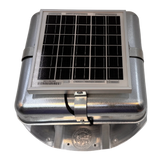 Solar ventilation fan, Solar Mega RoofBlaster for conex containers with 3.5" ribs, front view, galvanized finish, 5W solar panel (no background) | Solar Blaster brand