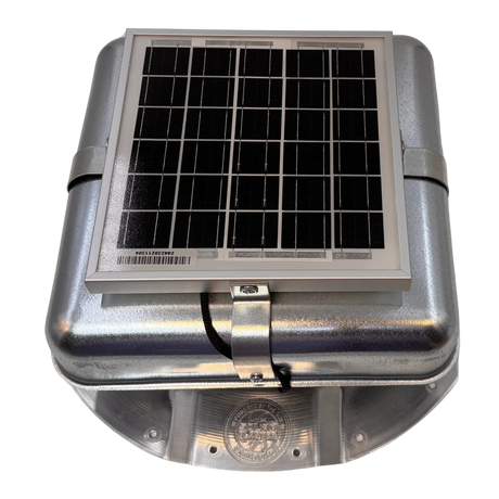 Solar ventilation fan, Solar Mega RoofBlaster for conex containers with 3.5" ribs, front view, galvanized finish, 5W solar panel (no background) | Solar Blaster brand