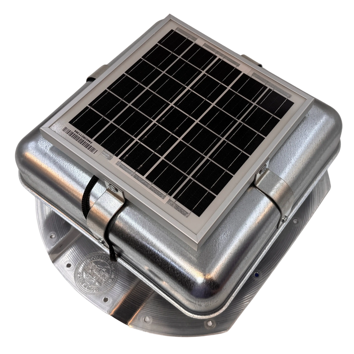 Solar ventilation fan, Solar Mega RoofBlaster for conex containers with 3.5" ribs, left side view, galvanized finish, 5W solar panel (no background) | Solar Blaster brand