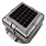 Solar ventilation fan, Solar Mega RoofBlaster for conex containers with 3.5" ribs, left side view, galvanized finish, 5W solar panel (no background) | Solar Blaster brand