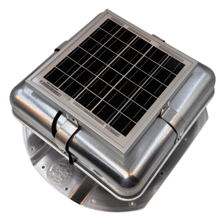 Solar ventilation fan, Solar Mega RoofBlaster for conex containers with 3.5" ribs, left side view, galvanized finish, 5W solar panel (no background) | Solar Blaster brand