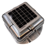 Solar ventilation fan, Solar Mega RoofBlaster for conex containers with 3.5" ribs, right side view, galvanized finish, 5W solar panel (no background) | Solar Blaster brand