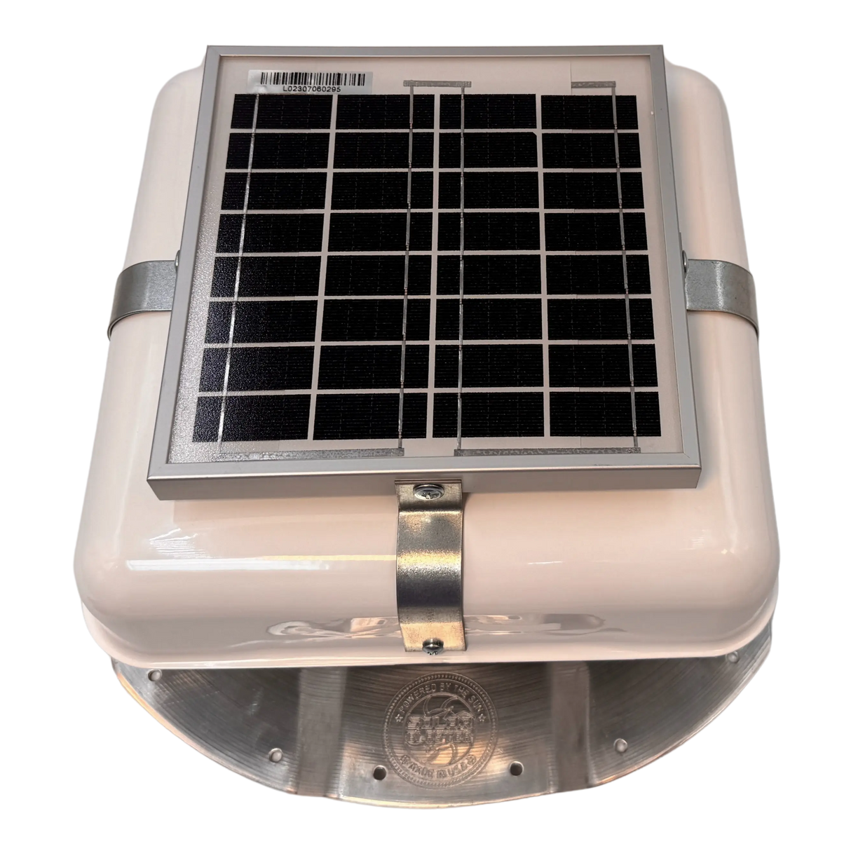Solar ventilation fan, Solar Mega RoofBlaster for conex containers with 3.5" ribs, front view, powder-coated white, 5W solar panel (no background) | Solar Blaster brand
