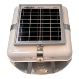 Solar ventilation fan, Solar Mega RoofBlaster for conex containers with 3.5" ribs, front view, powder-coated white, 5W solar panel (no background) | Solar Blaster brand