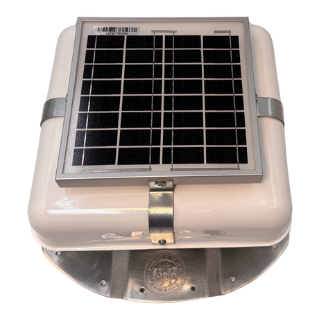 Solar ventilation fan, Solar Mega RoofBlaster for conex containers with 3.5" ribs, front view, powder-coated white, 5W solar panel (no background) | Solar Blaster brand