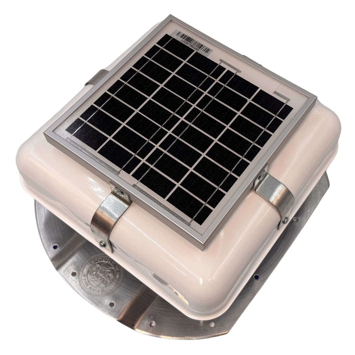 Solar ventilation fan, Solar Mega RoofBlaster for conex containers with 3.5" ribs, left side view, powder-coated white, 5W solar panel (no background) | Solar Blaster brand