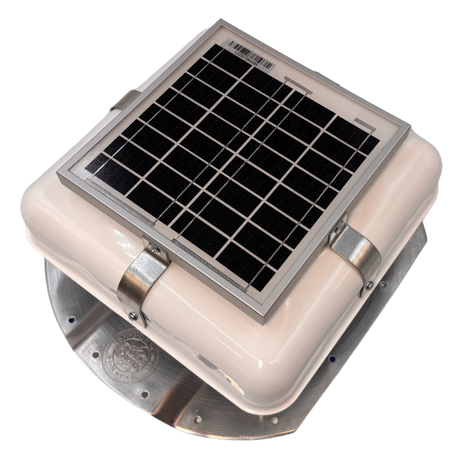 Solar ventilation fan, Solar Mega RoofBlaster for conex containers with 3.5" ribs, left side view, powder-coated white, 5W solar panel (no background) | Solar Blaster brand
