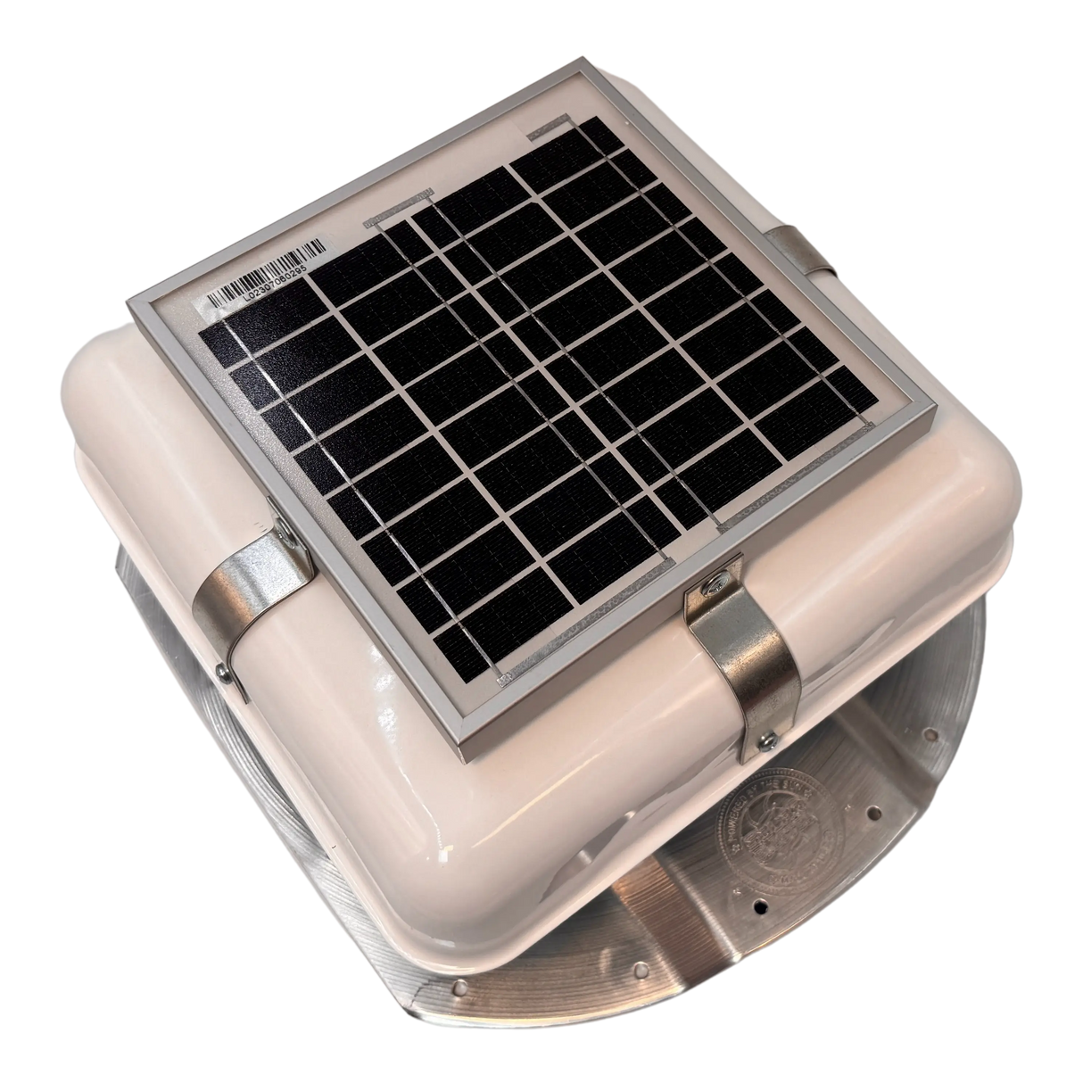 Solar ventilation fan, Solar Mega RoofBlaster for conex containers with 3.5" ribs, right side view, powder-coated white, 5W solar panel (no background) | Solar Blaster brand