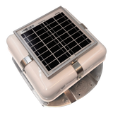 Solar ventilation fan, Solar Mega RoofBlaster for conex containers with 3.5" ribs, right side view, powder-coated white, 5W solar panel (no background) | Solar Blaster brand