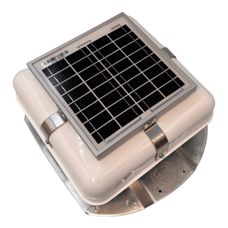 Solar ventilation fan, Solar Mega RoofBlaster for conex containers with 3.5" ribs, right side view, powder-coated white, 5W solar panel (no background) | Solar Blaster brand