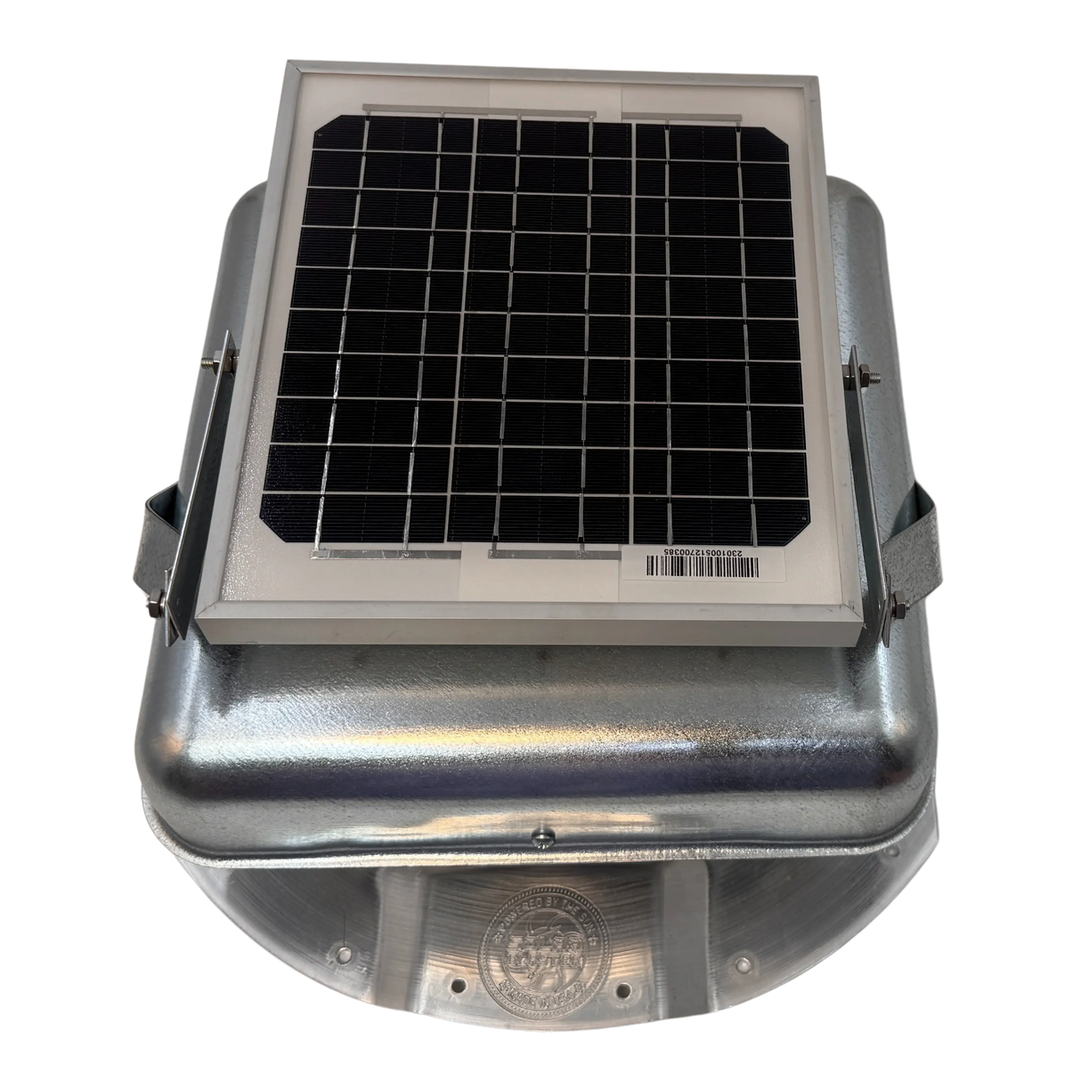 Solar ventilation fan, Solar Mega RoofBlaster for conex containers with 3.5" ribs, front view, galvanized finish, 5W solar panel (no background) | Solar Blaster brand