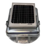 Solar ventilation fan, Solar Mega RoofBlaster for conex containers with 3.5" ribs, front view, galvanized finish, 5W solar panel (no background) | Solar Blaster brand