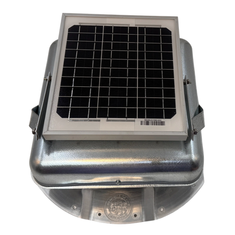 Solar ventilation fan, Solar Mega RoofBlaster for conex containers with 3.5" ribs, front view, galvanized finish, 5W solar panel (no background) | Solar Blaster brand