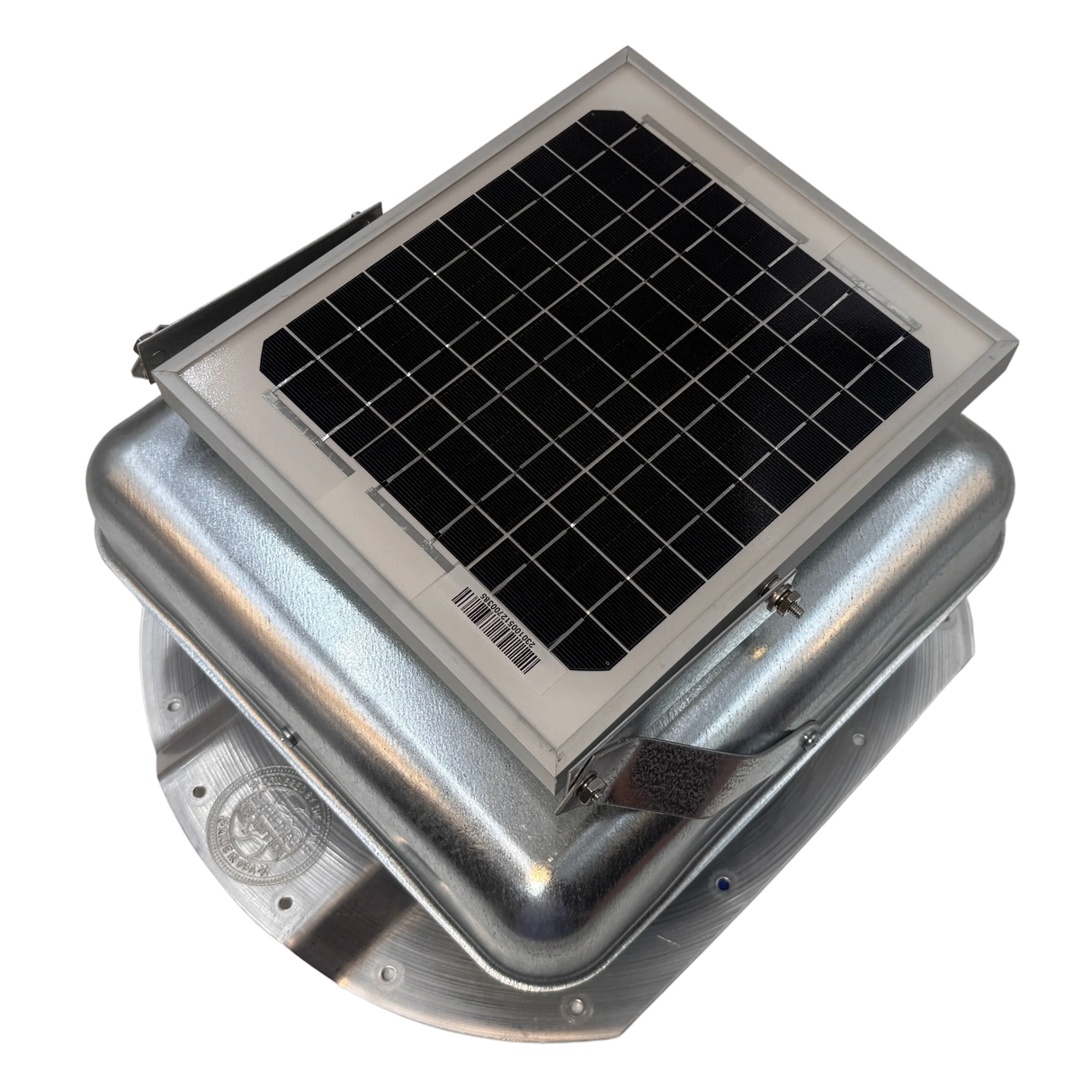 Solar ventilation fan, Solar Mega RoofBlaster for conex containers with 3.5" ribs, left side view, galvanized finish, 5W solar panel (no background) | Solar Blaster brand