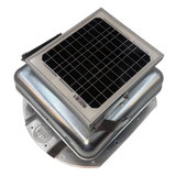 Solar ventilation fan, Solar Mega RoofBlaster for conex containers with 3.5" ribs, left side view, galvanized finish, 5W solar panel (no background) | Solar Blaster brand