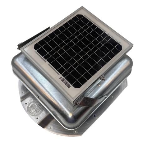 Solar ventilation fan, Solar Mega RoofBlaster for conex containers with 3.5" ribs, left side view, galvanized finish, 5W solar panel (no background) | Solar Blaster brand