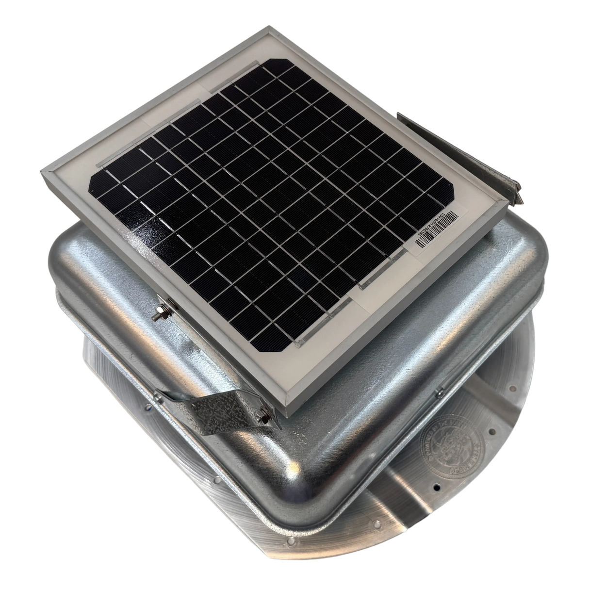 Solar ventilation fan, Solar Mega RoofBlaster for conex containers with 3.5" ribs, right side view, galvanized finish, 5W solar panel (no background) | Solar Blaster brand