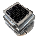 Solar ventilation fan, Solar Mega RoofBlaster for conex containers with 3.5" ribs, right side view, galvanized finish, 5W solar panel (no background) | Solar Blaster brand