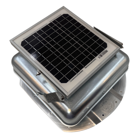 Solar ventilation fan, Solar Mega RoofBlaster for conex containers with 3.5" ribs, right side view, galvanized finish, 5W solar panel (no background) | Solar Blaster brand