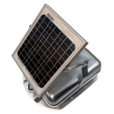 Solar ventilation fan, Solar Mega RoofBlaster for conex containers with 3.5" ribs, left side view, galvanized finish, 5W solar panel (no background) | Solar Blaster brand