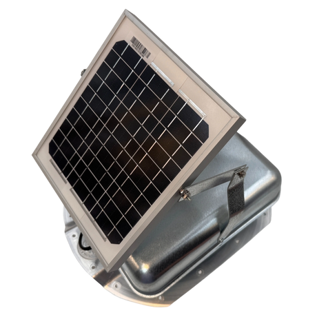 Solar ventilation fan, Solar Mega RoofBlaster for conex containers with 3.5" ribs, left side view, galvanized finish, 5W solar panel (no background) | Solar Blaster brand