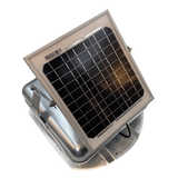 Solar ventilation fan, Solar Mega RoofBlaster for conex containers with 3.5" ribs, right side view, galvanized finish, 5W solar panel (no background) | Solar Blaster brand