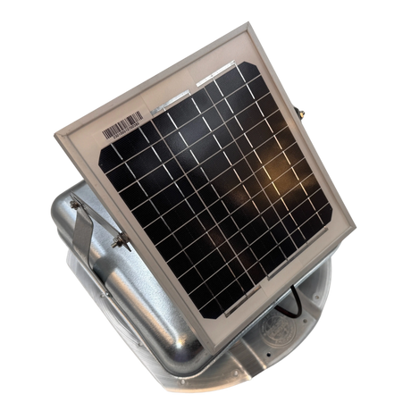 Solar ventilation fan, Solar Mega RoofBlaster for conex containers with 3.5" ribs, right side view, galvanized finish, 5W solar panel (no background) | Solar Blaster brand