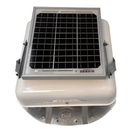 Solar ventilation fan, Solar Mega RoofBlaster for conex containers with 3.5" ribs, front view, powder-coated white, 5W solar panel (no background) | Solar Blaster brand