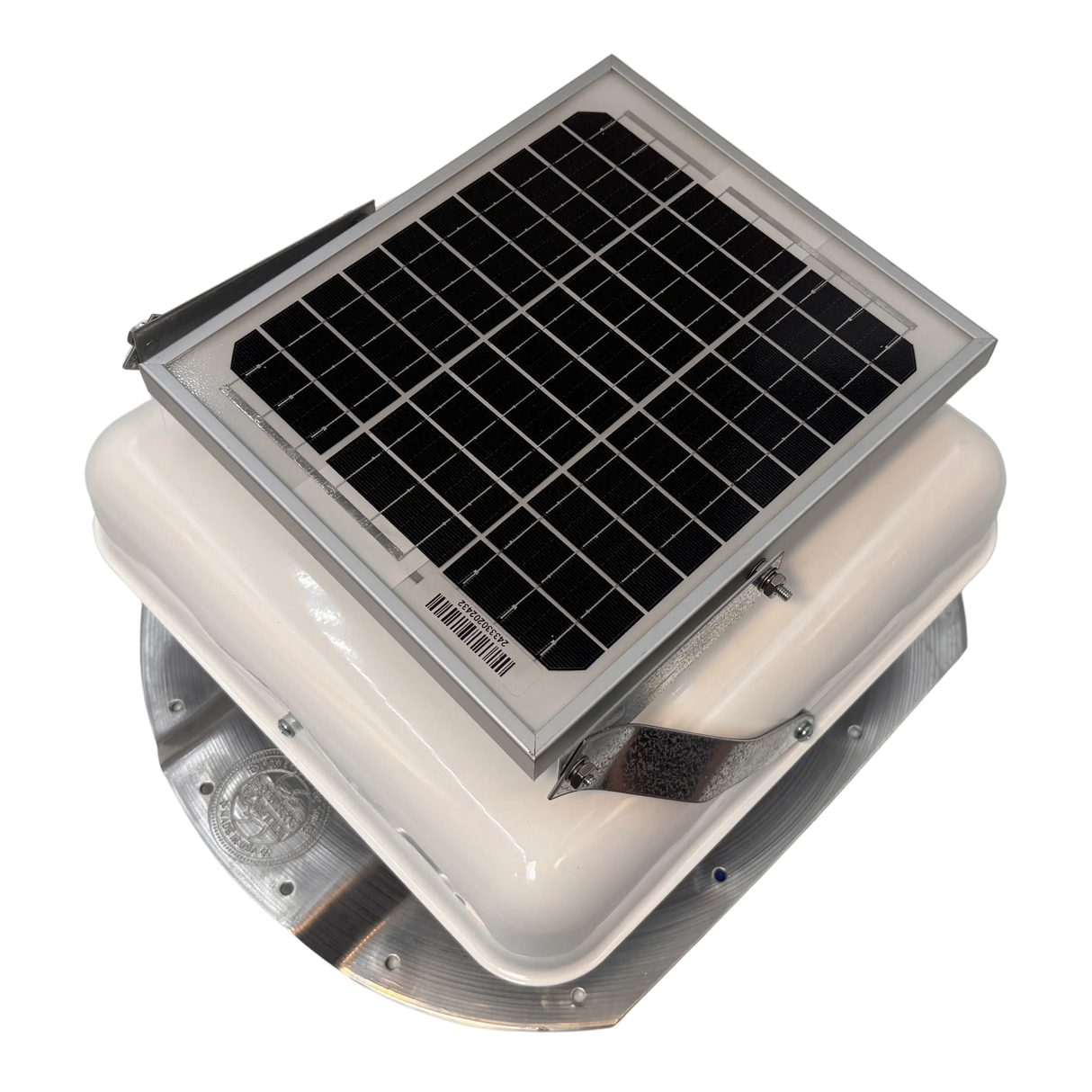 Solar ventilation fan, Solar Mega RoofBlaster for conex containers with 3.5" ribs, left side view, powder-coated white, 5W solar panel (no background) | Solar Blaster brand