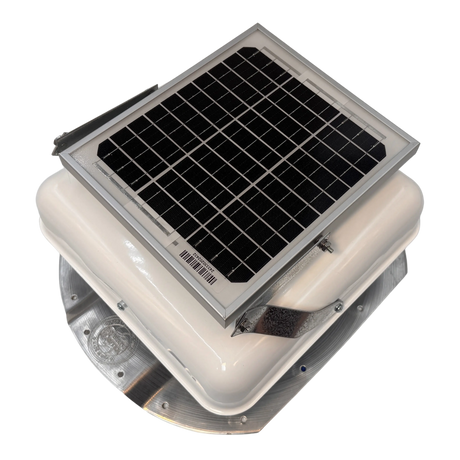 Solar ventilation fan, Solar Mega RoofBlaster for conex containers with 3.5" ribs, left side view, powder-coated white, 5W solar panel (no background) | Solar Blaster brand