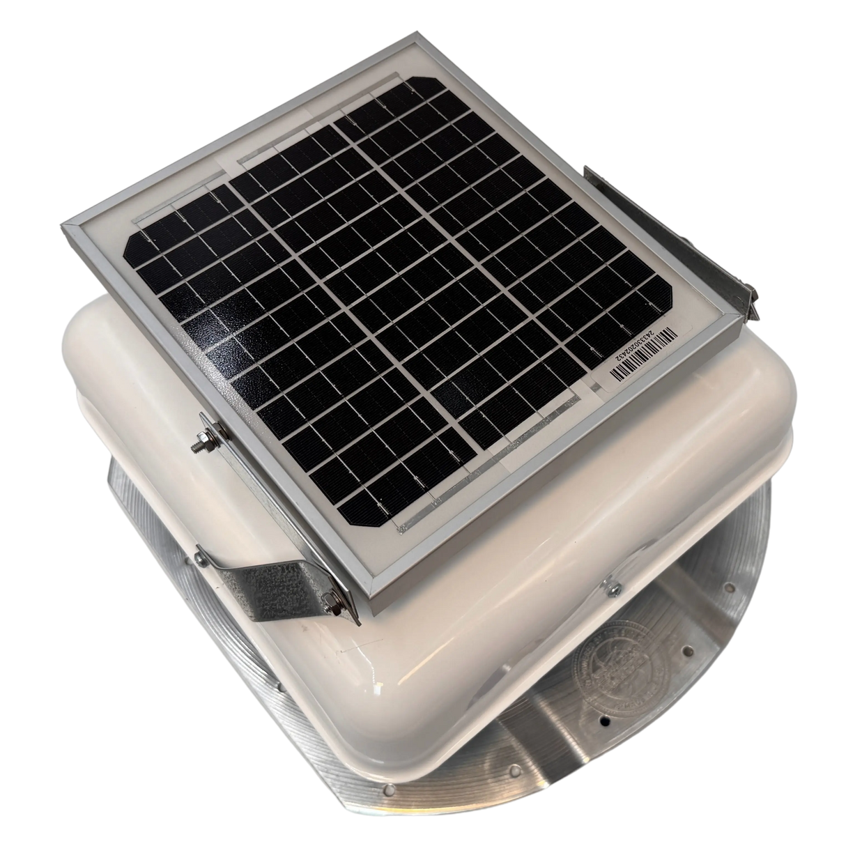 Solar ventilation fan, Solar Mega RoofBlaster for conex containers with 3.5" ribs, right side view, powder-coated white, 5W solar panel (no background) | Solar Blaster brand