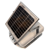 Solar ventilation fan, Solar Mega RoofBlaster for conex containers with 3.5" ribs, left side view, powder-coated white, 5W solar panel (no background) | Solar Blaster brand