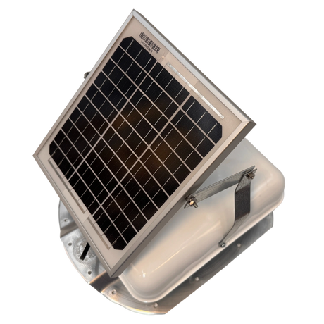 Solar ventilation fan, Solar Mega RoofBlaster for conex containers with 3.5" ribs, left side view, powder-coated white, 5W solar panel (no background) | Solar Blaster brand