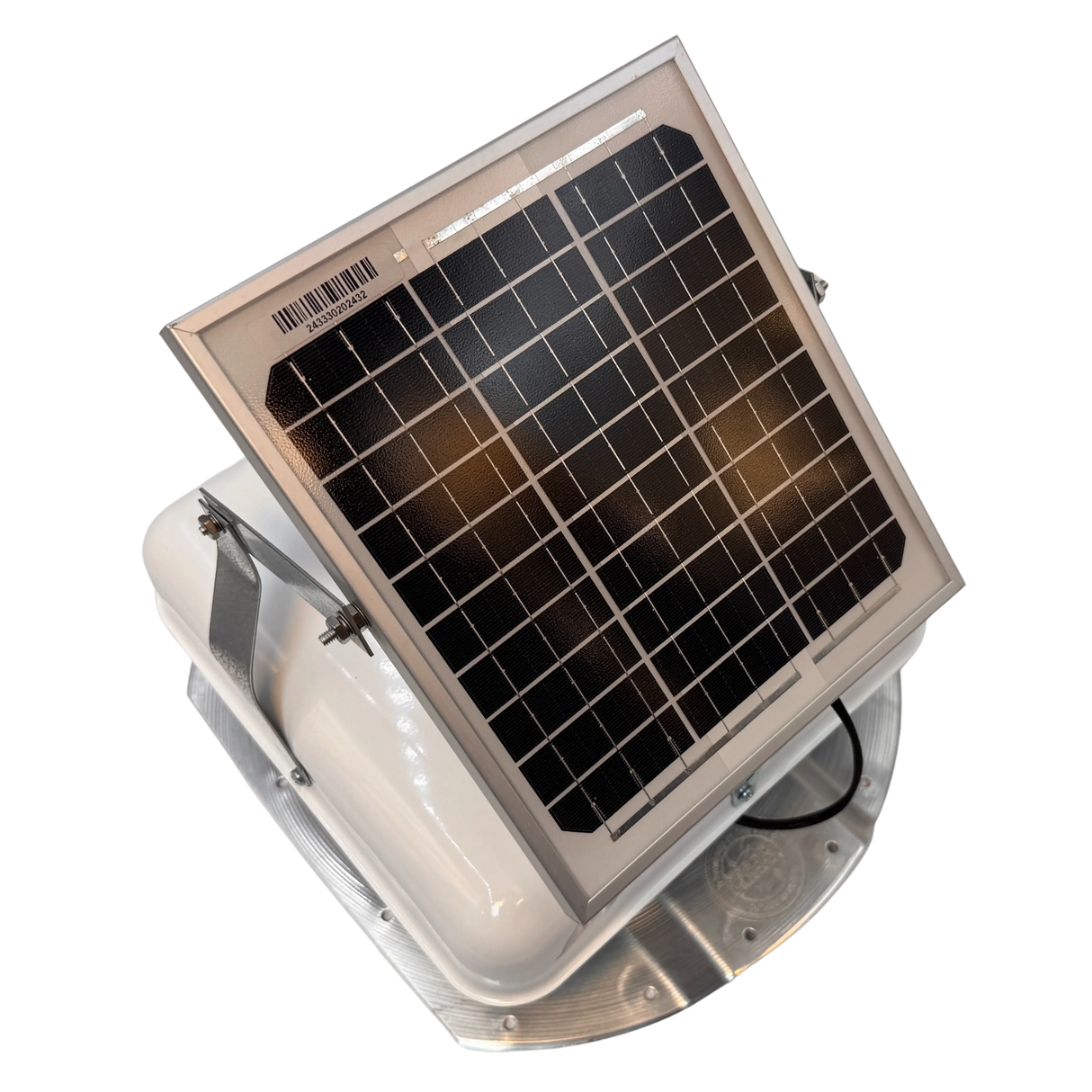 Solar ventilation fan, Solar Mega RoofBlaster for conex containers with 3.5" ribs, right side view, powder-coated white, 5W solar panel (no background) | Solar Blaster brand