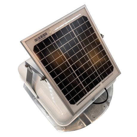 Solar ventilation fan, Solar Mega RoofBlaster for conex containers with 3.5" ribs, right side view, powder-coated white, 5W solar panel (no background) | Solar Blaster brand