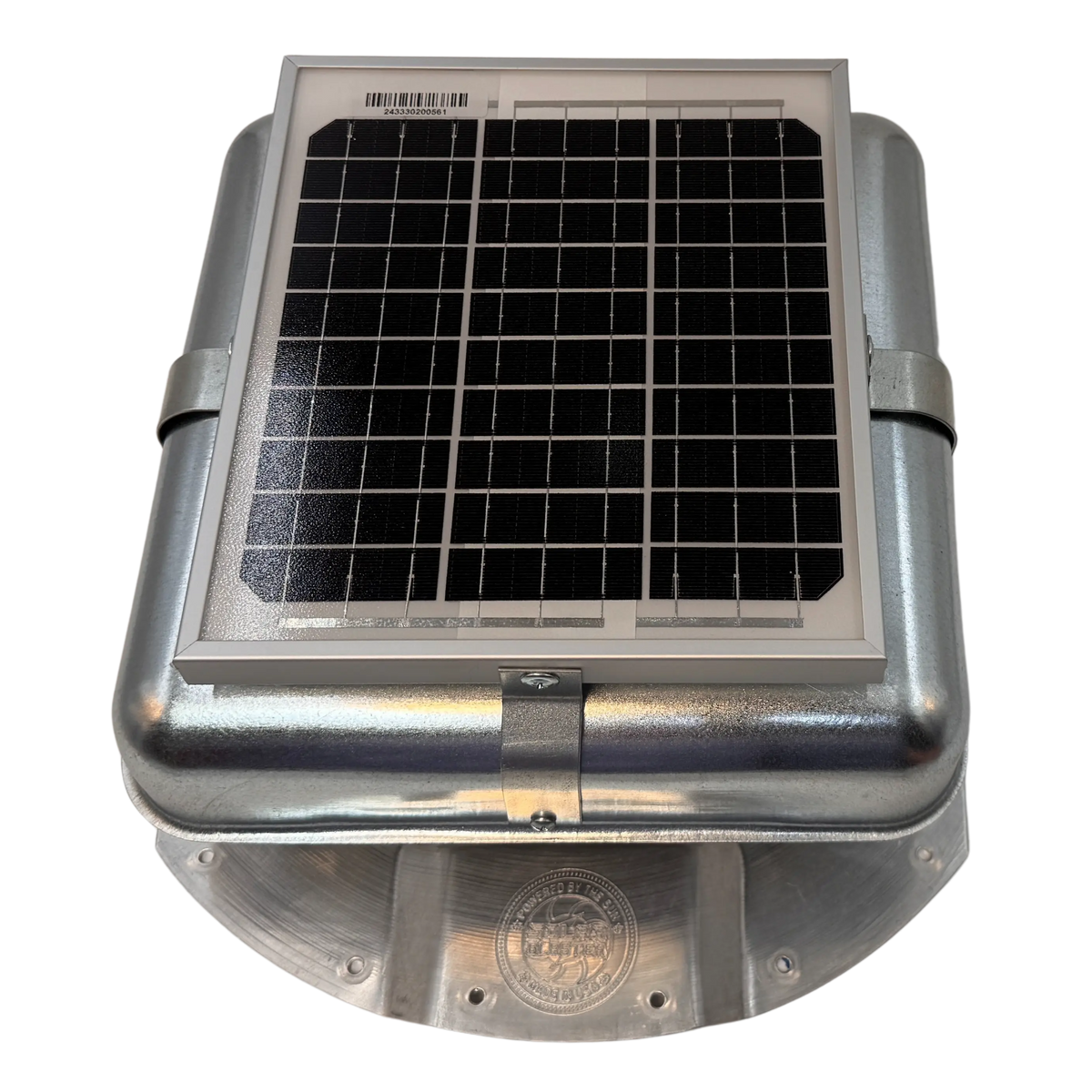 Solar ventilation fan, Solar Mega RoofBlaster for conex containers with 3.5" ribs, front view, galvanized finish, 5W solar panel (no background) | Solar Blaster brand