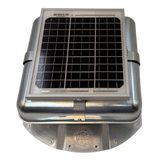 Solar ventilation fan, Solar Mega RoofBlaster for conex containers with 3.5" ribs, front view, galvanized finish, 5W solar panel (no background) | Solar Blaster brand