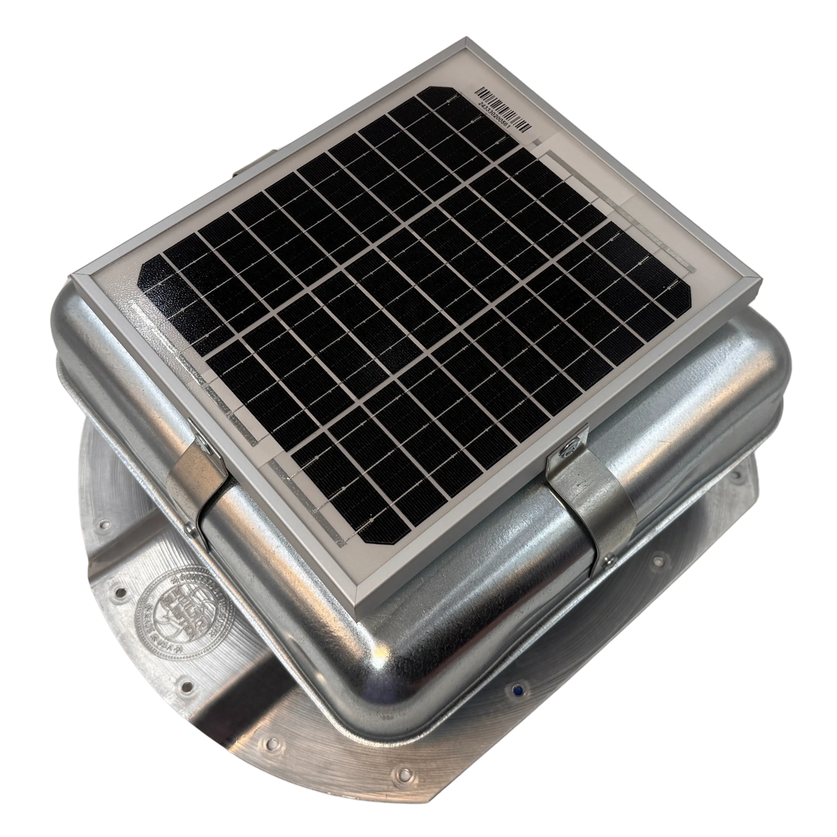 Solar ventilation fan, Solar Mega RoofBlaster for conex containers with 3.5" ribs, left side view, galvanized finish, 5W solar panel (no background) | Solar Blaster brand