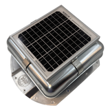 Solar ventilation fan, Solar Mega RoofBlaster for conex containers with 3.5" ribs, left side view, galvanized finish, 5W solar panel (no background) | Solar Blaster brand