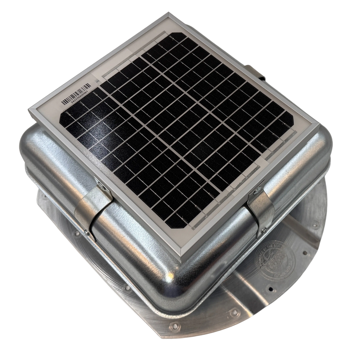 Solar ventilation fan, Solar Mega RoofBlaster for conex containers with 3.5" ribs, right side view, galvanized finish, 5W solar panel (no background) | Solar Blaster brand