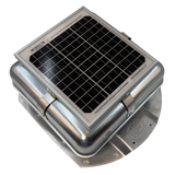 Solar ventilation fan, Solar Mega RoofBlaster for conex containers with 3.5" ribs, right side view, galvanized finish, 5W solar panel (no background) | Solar Blaster brand