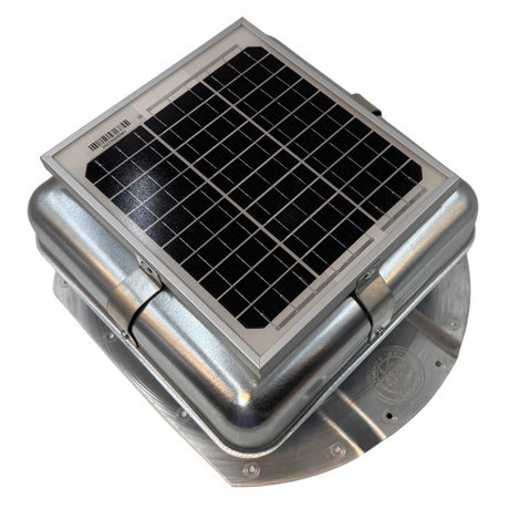 Solar ventilation fan, Solar Mega RoofBlaster for conex containers with 3.5" ribs, right side view, galvanized finish, 5W solar panel (no background) | Solar Blaster brand