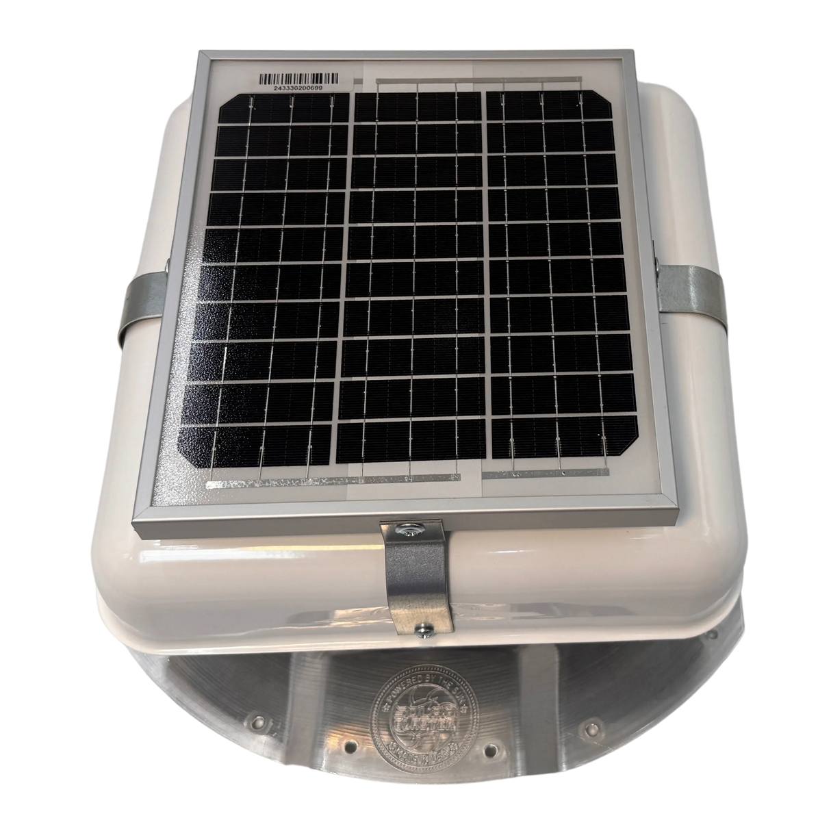 Solar ventilation fan, Solar Mega RoofBlaster for conex containers with 3.5" ribs, front view, powder-coated white, 5W solar panel (no background) | Solar Blaster brand